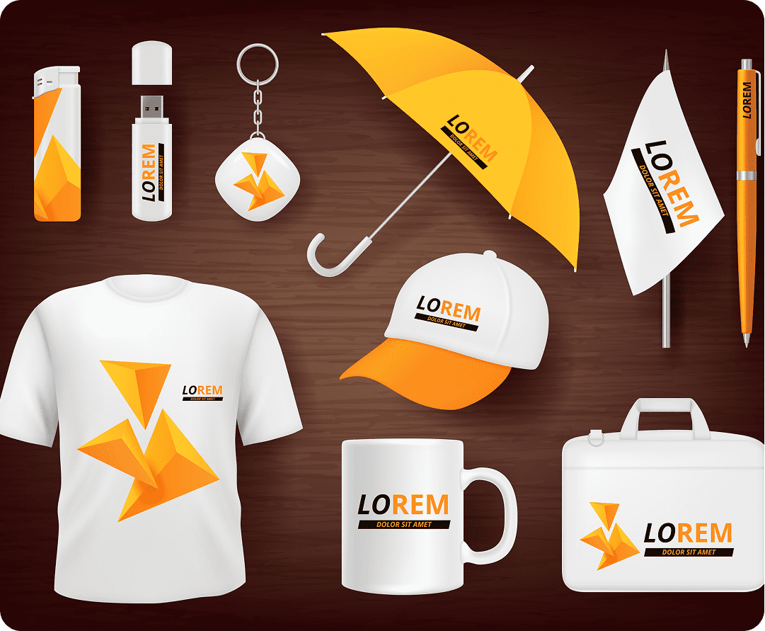 Assorted products featuring company logo
