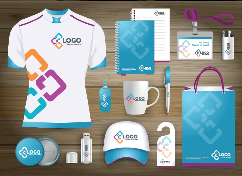 Promotional merchandise collection on wooden background