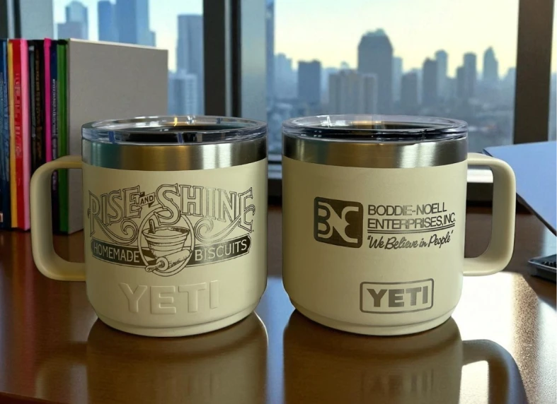 White Yeti mugs with logos
